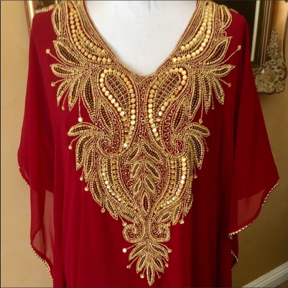 Red gold hand embellish bead caftan fits 4-24 NWT